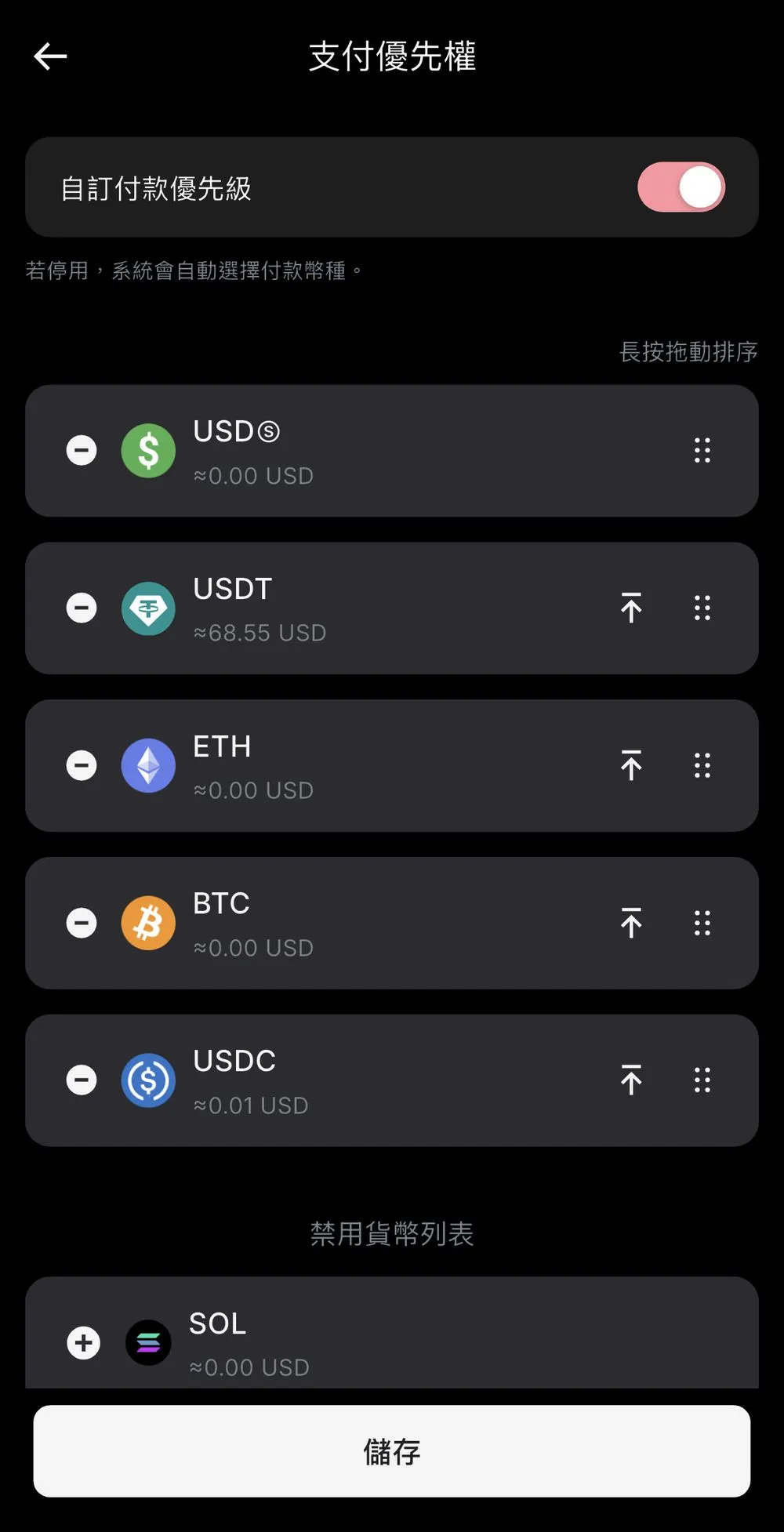 RedotPay App 支付優先權設定，可拖曳排序 USD / USDT / ETH / BTC / USDC，SOL 在禁用清單